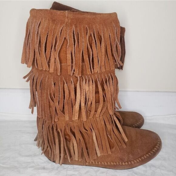 Suede leather fringe moccasin boots - Picture 2 of 6